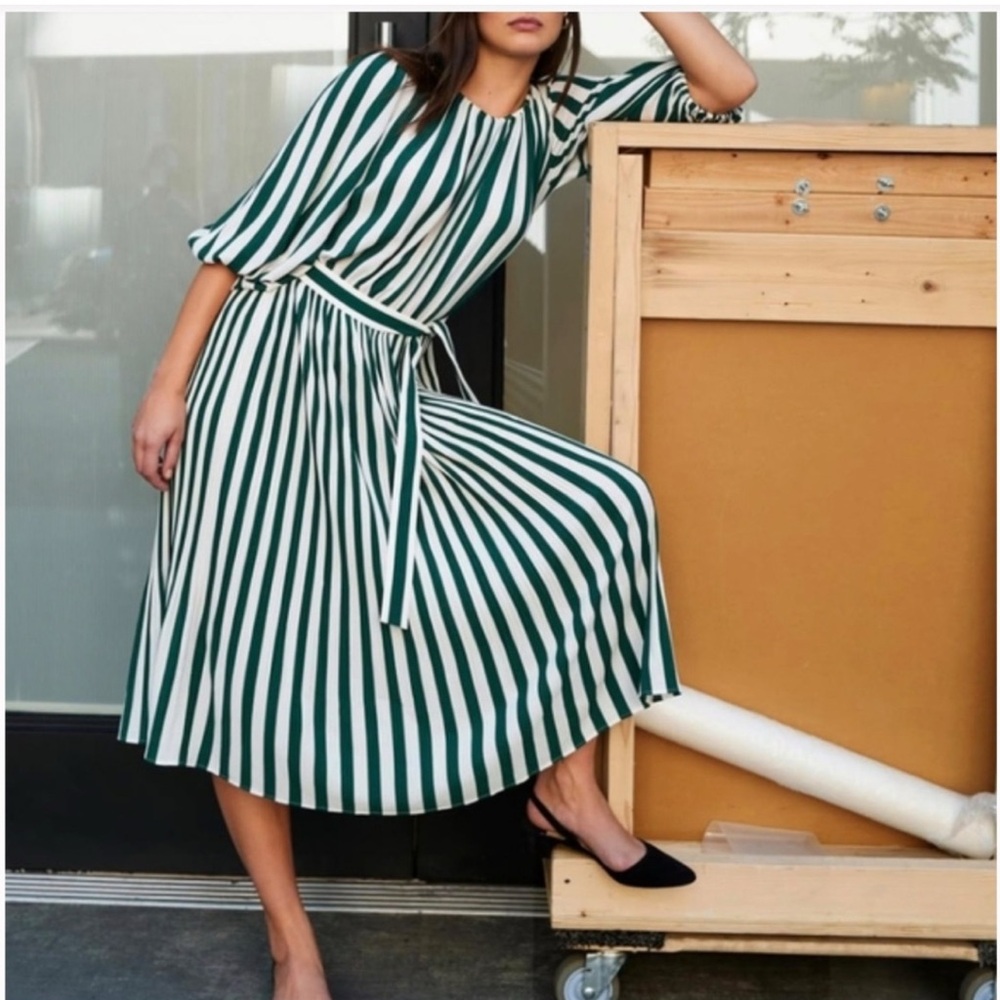 AYR Regatta Striped Belted Whos She Midi Dress in Green and white